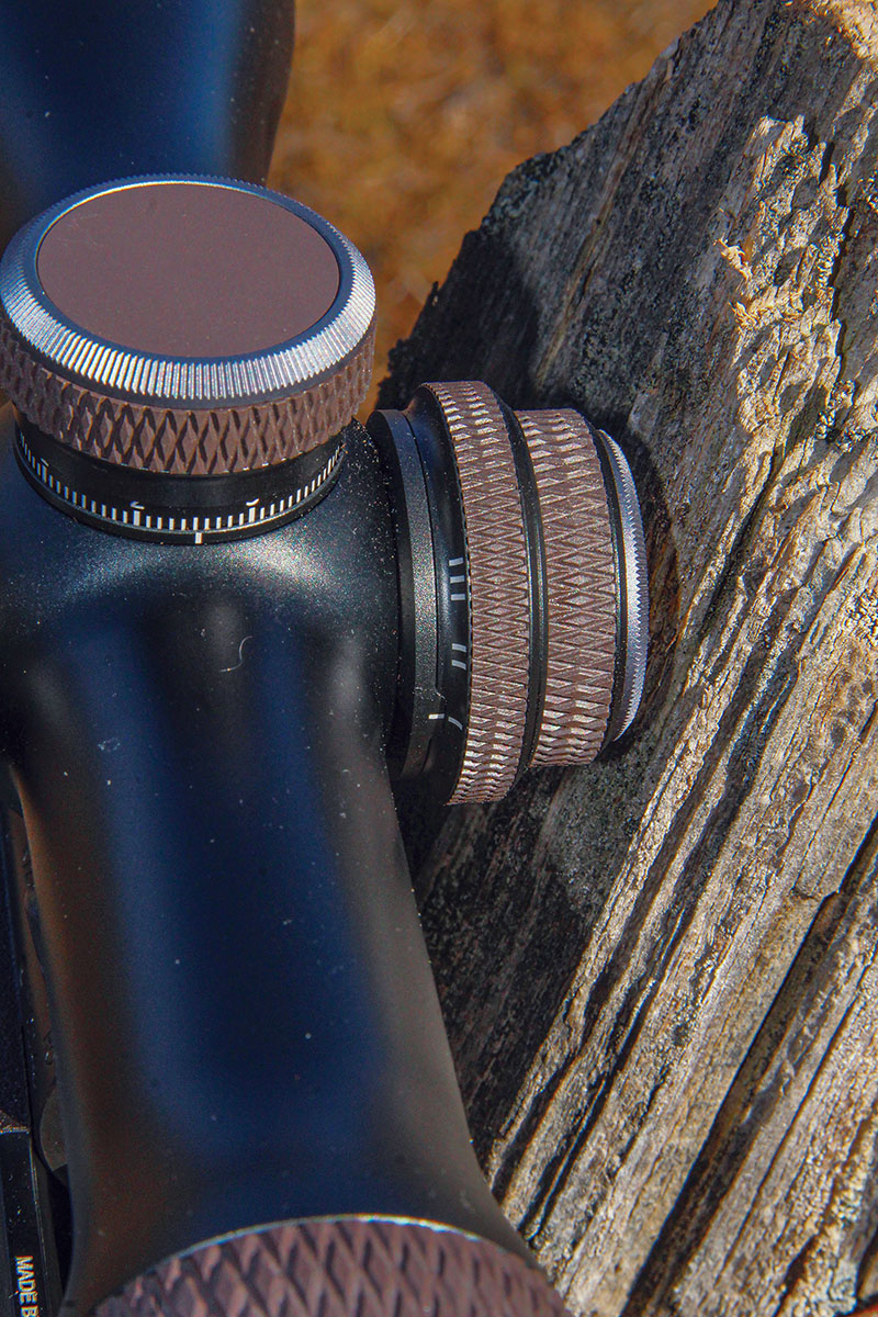The parallax settings on the Blaser Infinity are a little different. An I mark handles most average yardages, with II and III marks used to introduce focus during longer shots. The spring-loaded control wheel pulls out to unlock and pops back in after adjustments are made.